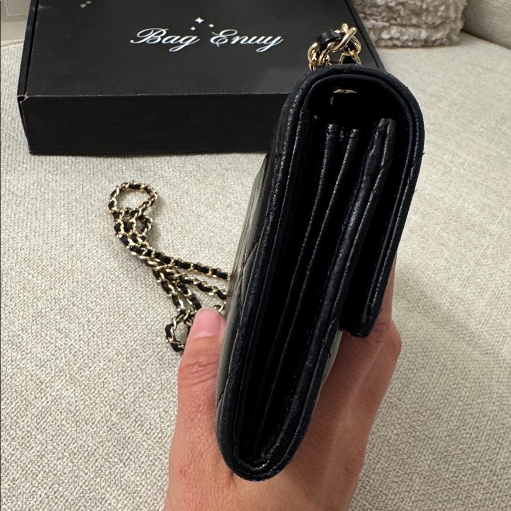 Authentic CHANEL Wallet on Chain Black Quilted Lambskin Gold Chain WOC - Picture 13 of 17